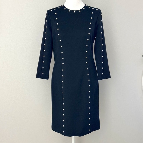 Michael Kors Black Studded Dress Edgy Style Ponte Fabric Silver Studs Fitted 6 - Picture 1 of 15